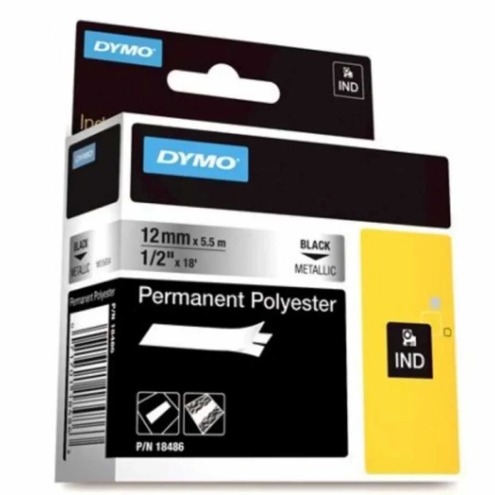 DYMO Rhino 18486 Polyester Şerit Metalik Gri/Siyah 12mm x 5,5mt