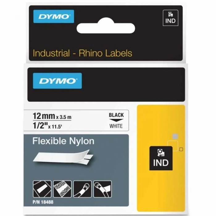 DYMO Rhino Pro Esnek Naylon Şerit 12mmx3,5m Beyaz/Siyah (18488)