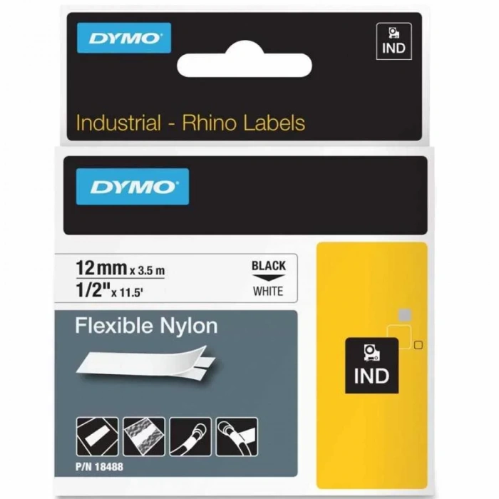 Dymo Rhinopro 18488 Beyaz/siyah Esnek Naylon Şerit 12 Mm X 3,5 Mt