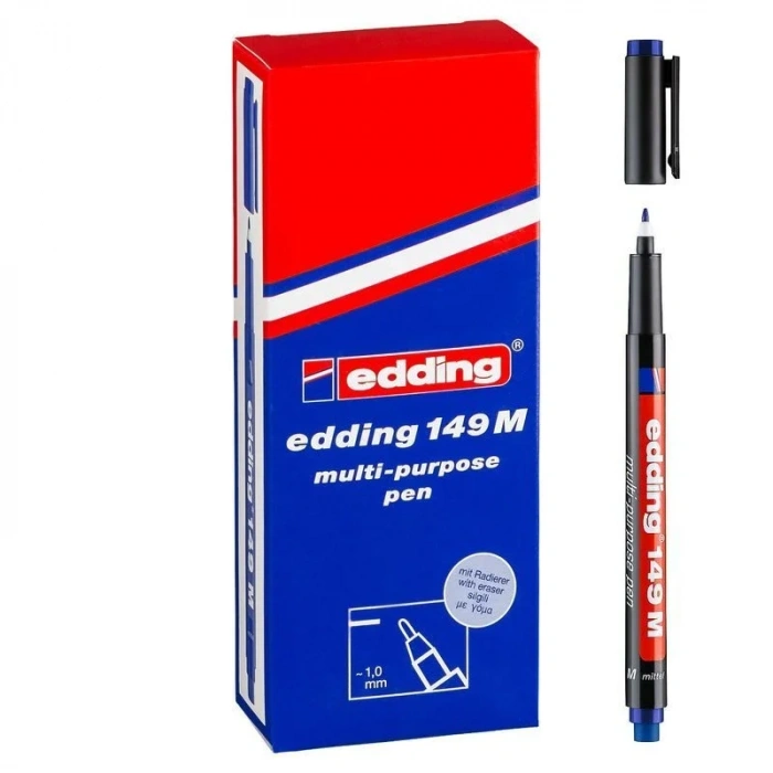 Edding 149 M Çok Amaçlı Permanent Kalem (Silgili Asetat Kalemi) MAVİ 10lu Kutu