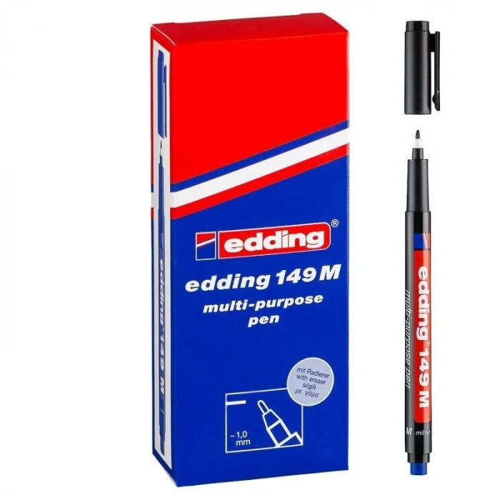 Edding 149 M Çok Amaçlı Permanent Kalem (Silgili Asetat Kalemi) SİYAH 10lu Kutu