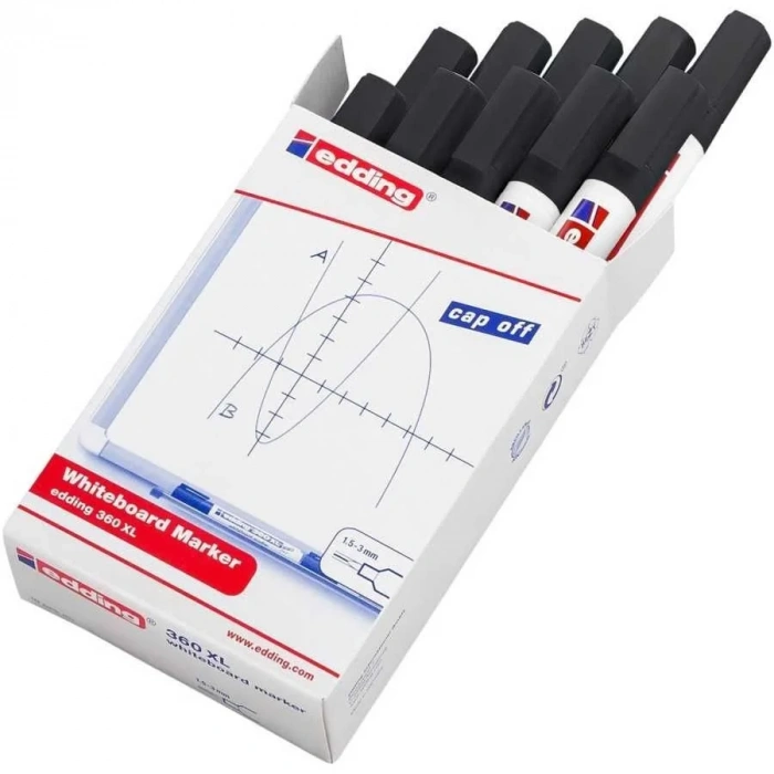 Edding 360 XL Whiteboard Marker Doldurulabilir Yazı Tahtası Kalemi 10lu Kutu Siyah