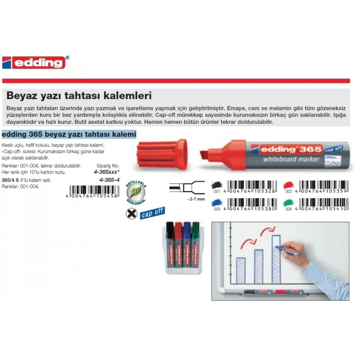 Edding 365 Beyaz Tahta Kalemi Kırmızı Kesik Uçlu Doldurulabilir