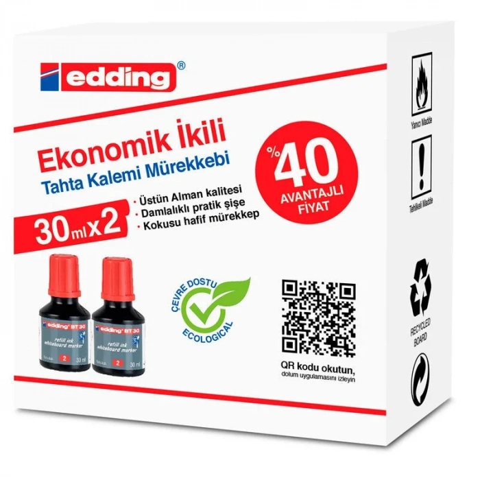 Edding BT30 Yazı Tahtası Kalemi Mürekkebi 30 ml. x 2li Kutu KIRMIZI