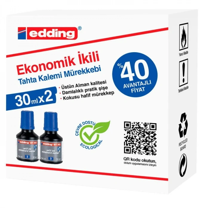 Edding BT30 Yazı Tahtası Kalemi Mürekkebi 30 ml. x 2li Kutu MAVİ