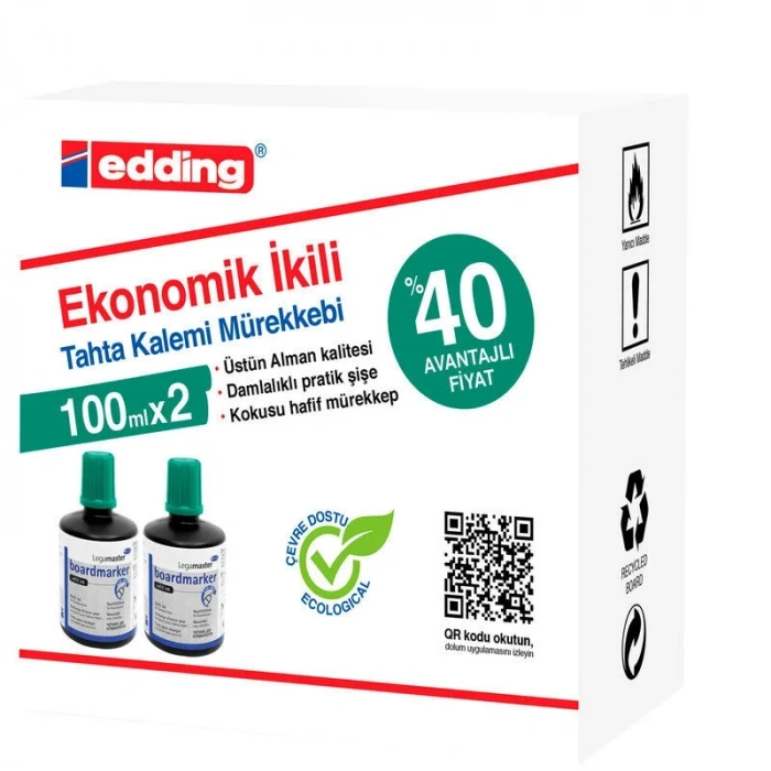 Edding Legamaster Tahta Kalemi Mürekkebi 100 ml. YEŞİL x 2li Kutu