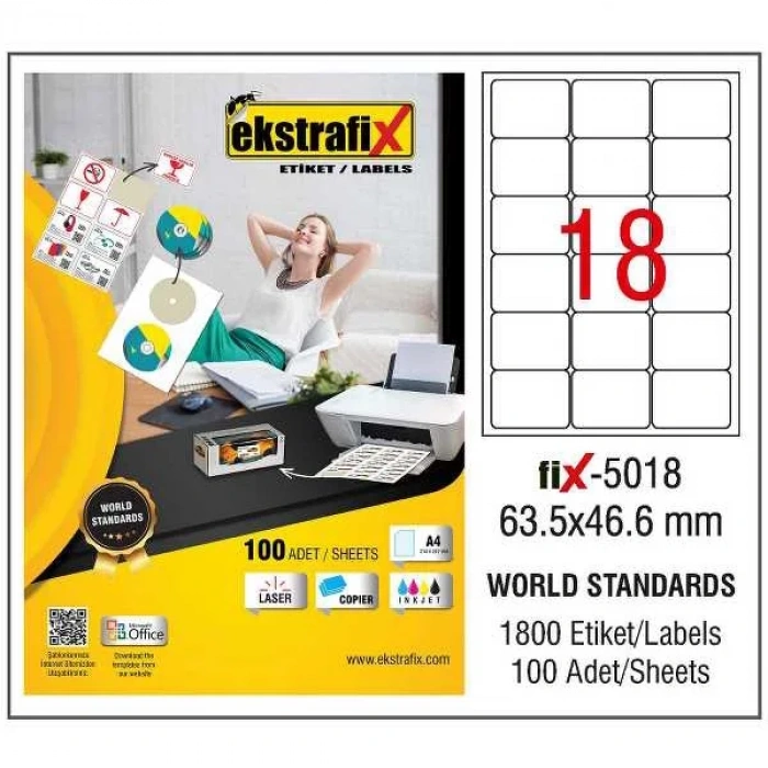 Ekstrafix Laser Etiket 100 YP 63.5x46.6 Laser-Copy-Inkjet FİX-5018