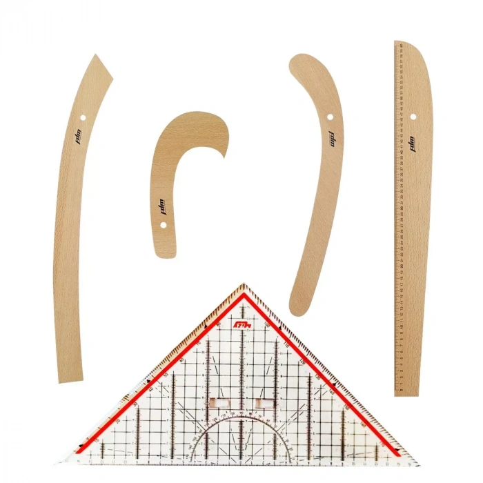 FDM 5 Parça Set - 4 Parça Ahşap Riga Seti ve Modelist Gönyesi - Riga Takımı - Dikiş Seti Cetvel