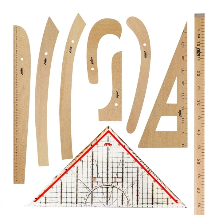 Fdm 9 Parça Set - 7 Parça Ahşap Riga Seti, Dikiş Seti 1 Metre Tahta Cetvel Ve Modelist Gönyesi -