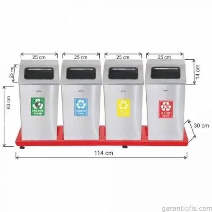 Garanti Metal 1813 Bazalı Mat Paslanmaz Çelik 4 Lü Geri Dönüşüm Çöp Kovası