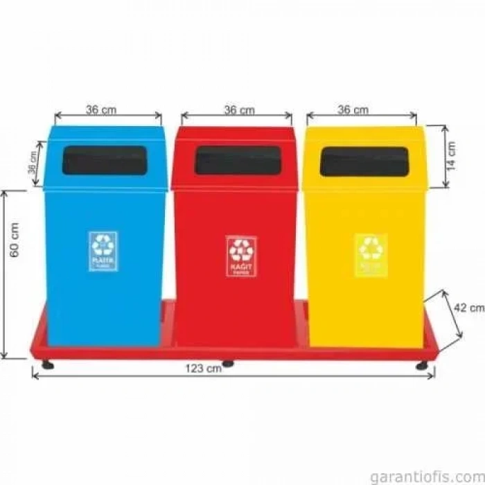 Garanti Metal 1821 Boyalı Bazalı 3 Lü Geri Dönüşüm Çöp Kovası