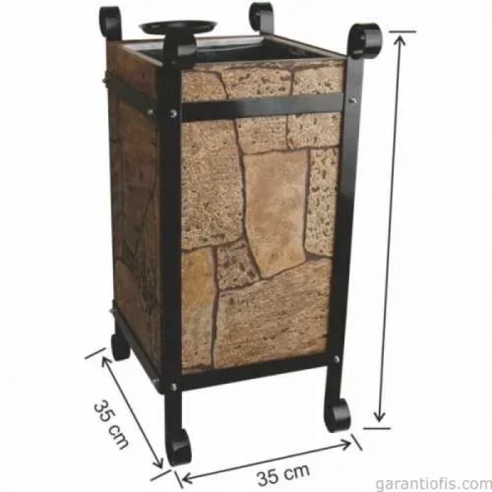 Garanti Metal 2105 Taş Dekorlu Kül Tablalı Kare Ahşap Bahçe Tipi Çöp Kovası (45 Litre)