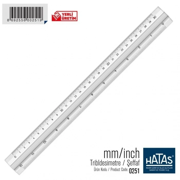 Hatas Tribldesimetre Şeffaf Üçgen Santimetre-İnch Ölçekli Cetvel 30cm 12inch