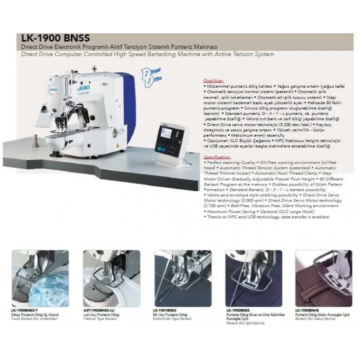 Juki LK-1900BNSS Direct Drive Elektronik Programlı Aktif Tansiyon Sistemli Punteriz Makinası