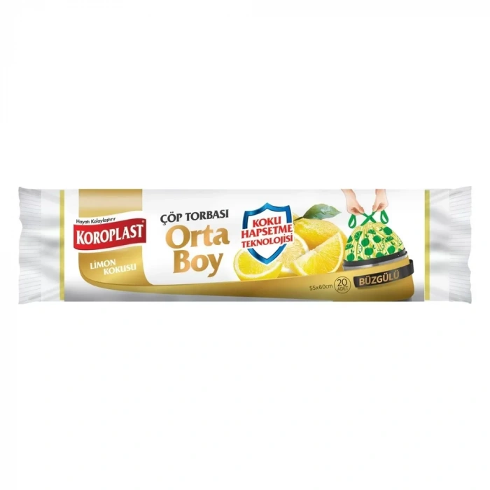 Koroplast Limon Kokulu Büzgülü Orta Boy Çöp Torbası 55x60cm (20 Li Paket)