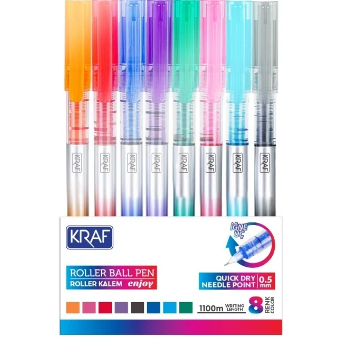 Kraf 0.5 İğne Uçlu Roller Kalem Seti 8 Renk