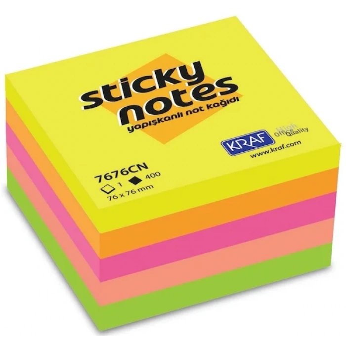 Kraf Yapışkanlı Not Kağıdı Küp Blok 75x75 mm. 400 Yaprak NEON RENKLER