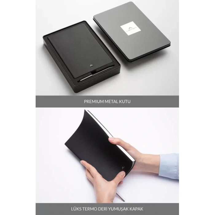 LATON SEİLU A5 PREMİUM TERMO DERİ YUMUŞAK KAPAK LÜKS DEFTER METAL KUTU SETİ ÇİZGİLİ 14.6x20.8cm 128 YAPRAK SİYAH