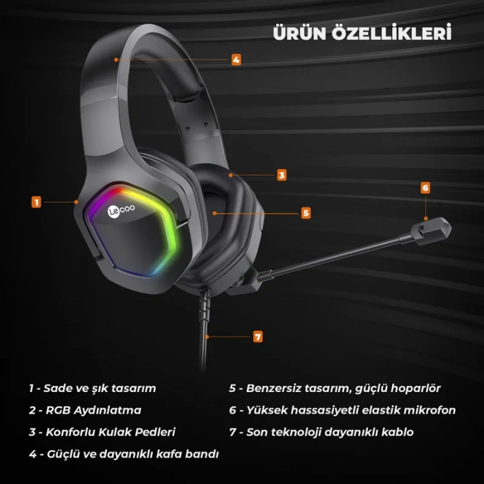 LECOO HT403 KABLOLU KULAKLIK USB2.0 RGB AYDINLATMALI SİYAH