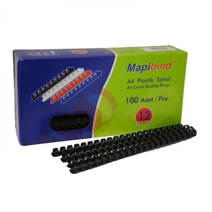 MAPİBİND PLASTİK SPİRAL 12mm SİYAH 100LÜ