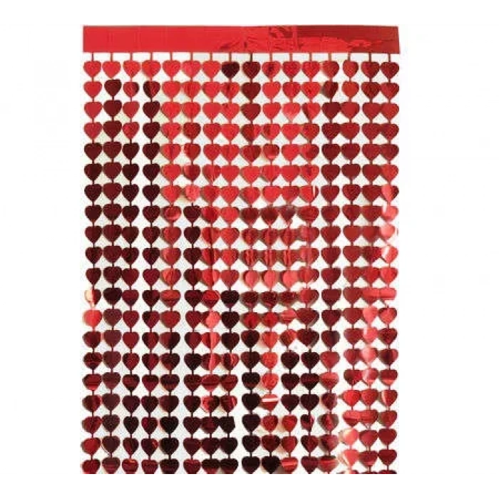 Metalize Kırmızı Kalpli Kapı Perdesi / Duvar Fonu