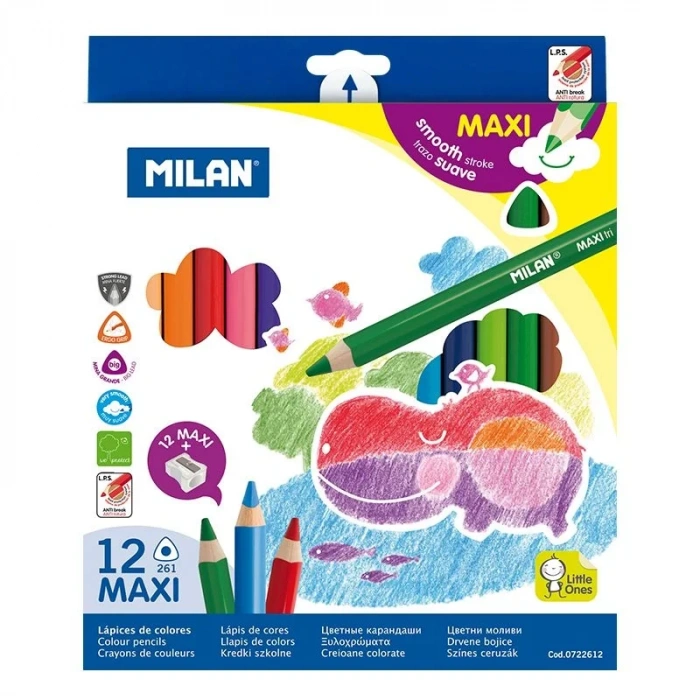 MILAN 722612 MAXI ÜÇGEN KURUBOYA +KALEMTRAŞ (5MM UÇ) - 12RENK