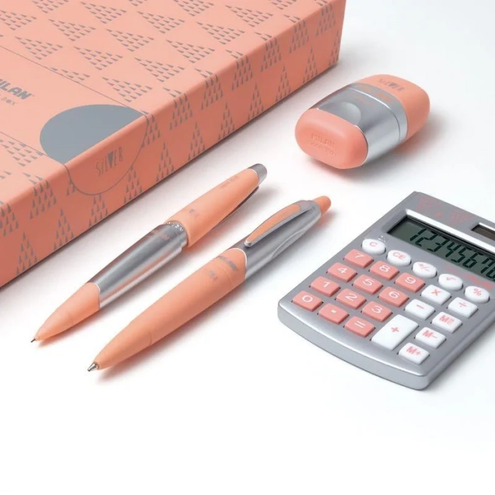 Milan Hediyelik Hesap Makinesi Tükenmez ve Kurşun Kalem Kalemtraş Set Gümüş Pembe
