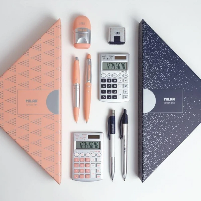 Milan Hediyelik Hesap Makinesi Tükenmez ve Kurşun Kalem Kalemtraş Set Gümüş Pembe
