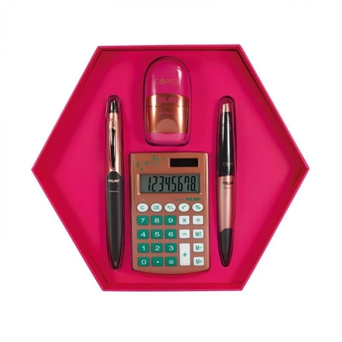 Milan Hediyelik Hesap Makinesi Tükenmez ve Kurşun Kalem Kalemtraş Set Pembe