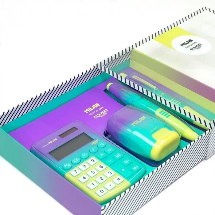 Milan Hediyelik Hesap Makinesi Tükenmez Ve Kurşun Kalem Kalemtraş Set Sarı Yeşil