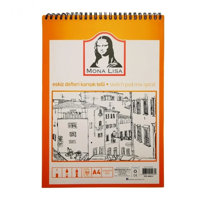 Mona Lisa Karton Kapak Spiralli Eskiz Defteri A4 50yp Karışık MN03-4