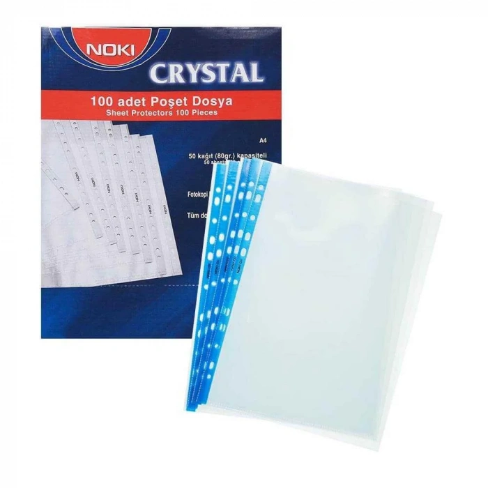 Noki Delikli Poşet Dosya Cristal Mavi Şeritli 100lü