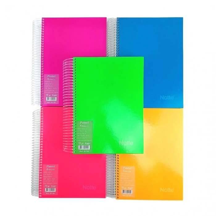Notte Sert Kapak Spiralli Okul Defteri Pastel 6 Konulu A4 240yp Kareli