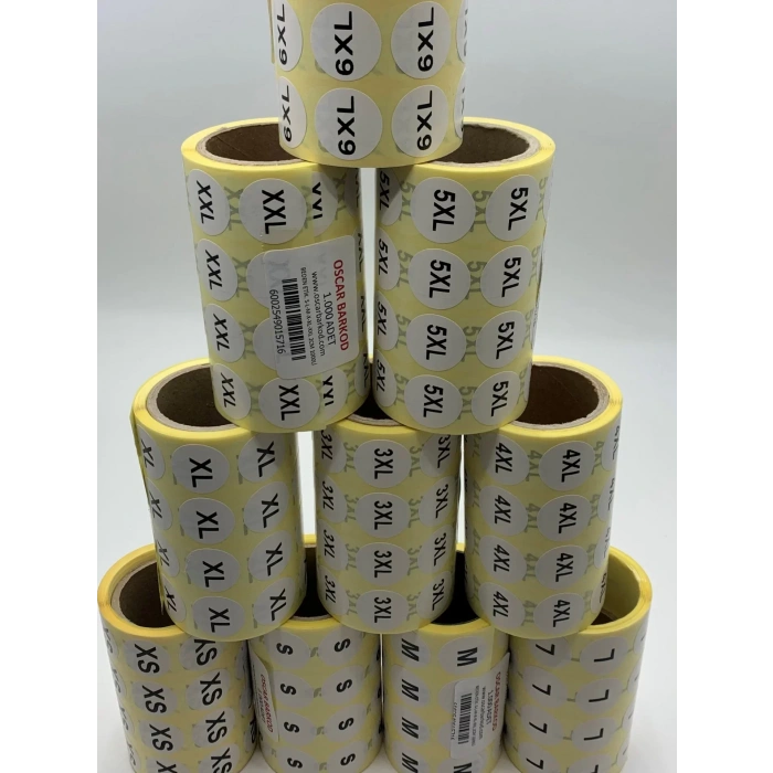 Oscar Barkod Beden Etiketi 20 MM Yuvarlak Baskılı XS 1000li Sarım