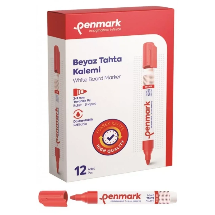 Penmark Beyaz Yazı Tahtası Kalemi Kırmızı Renk (12 Adet)