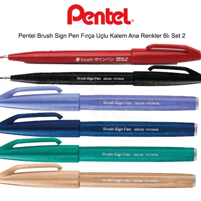 Pentel Brush Sign Pen Fırça Uçlu Kalem Ana Renkler 6lı Set 2