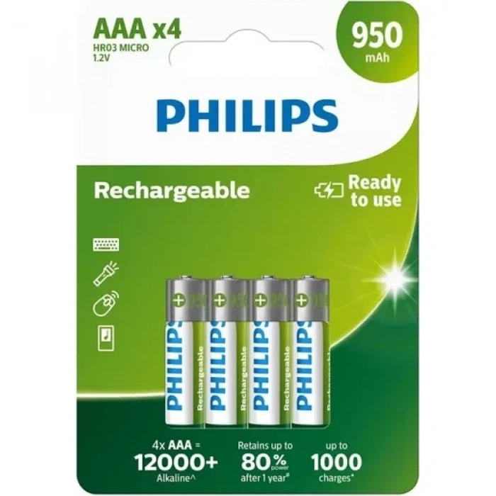 Philips R03b4a95-10 Şarjlı Aaa İnce Kalem Pil 950mah 4lü Blister