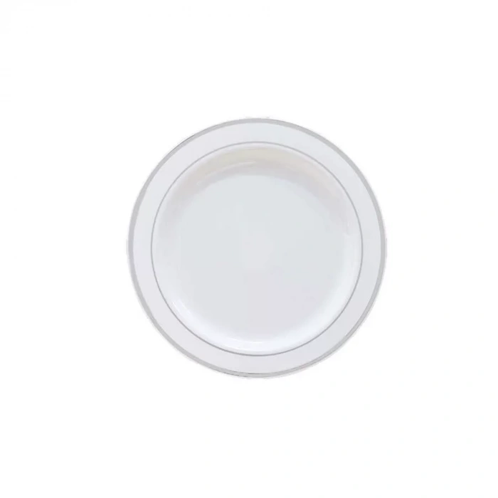 Plastik Gümüş Renk İşlemeli Beyaz Tabak 19 cm - 6 Adet