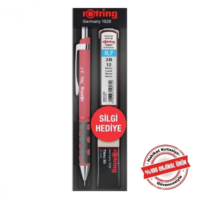 Rotring Tikky Grafik Teknik Çizim Kalemi Silgi Hediyeli Set 0.7mm Kırmızı