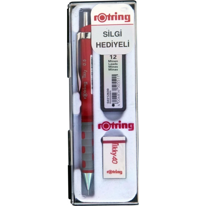 Rotring Tikky Versatil Kalem + Min + Silgi Okul Seti 0.5 mm KIRMIZI