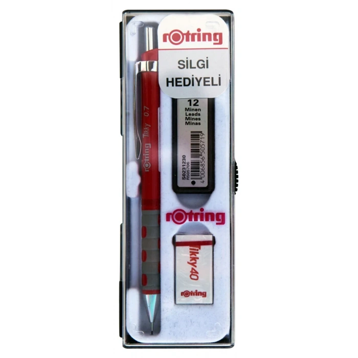 Rotring Tikky Versatil Kalem + Min + Silgi Okul Seti 0.7 mm KIRMIZI