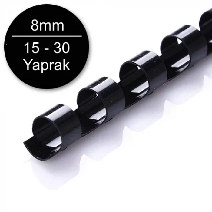 Sarff 8mm Siyah Plastik Spiral 15-30 Yaprak Kapasiteli (100 Lü Kutu)