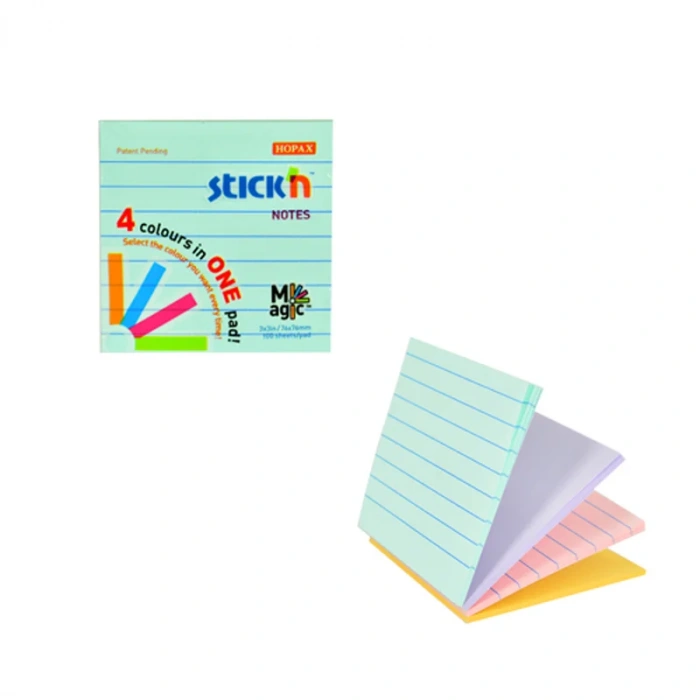 STİCKN 21577 YAPIŞKANLI NOT KAĞIDI 76x76 ÇİZGİLİ 100 YAPRAK 4 RENK