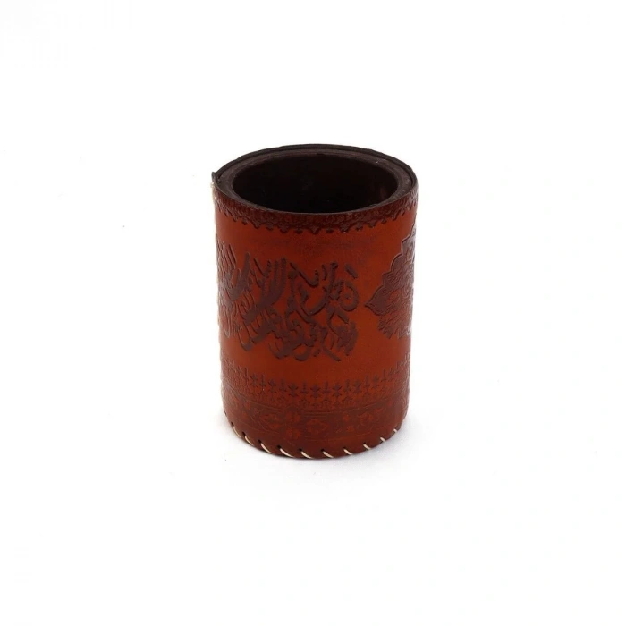 Suni Deri El Yapımı Masaüstü Yuvarlak Kalemlik Koyu Kahve