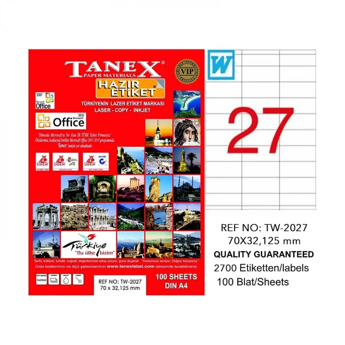 TANEX 2027 LASER ETİKET 70x32mm 27x100 2700 ADET