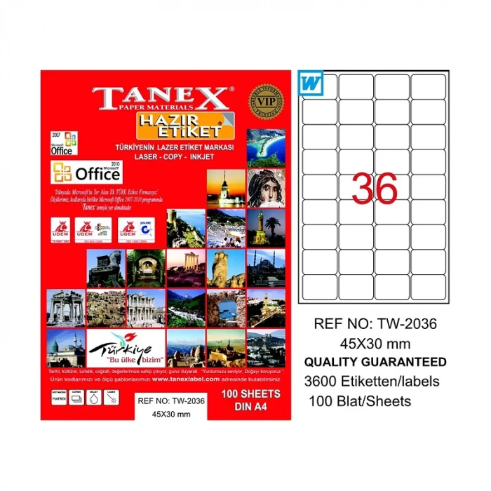 TANEX 2036 LASER ETİKET 45x30mm 36x100 3600 ADET