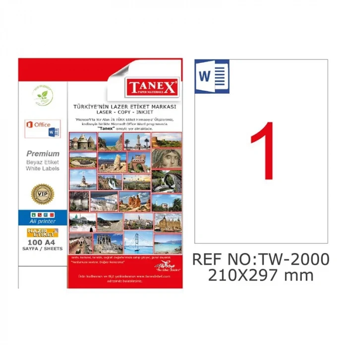 Tanex 210x297 Mm Kuşe Laser Etiket Tw-2000