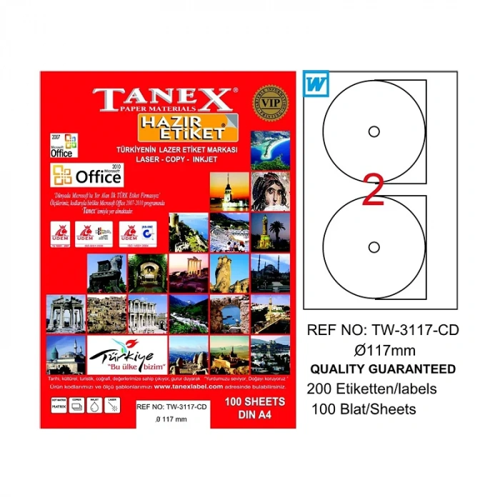 TANEX 3117 LASER CD ETİKETİ 117mm 2x100 200 ADET