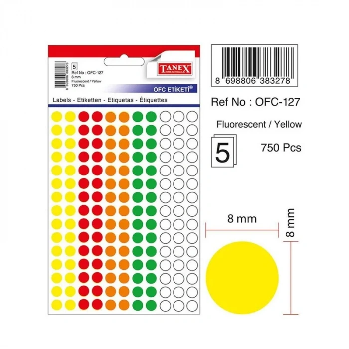 TANEX OFC-127 MİX COLOR  8 mm OFİS ETİKETİ YUVARLAK