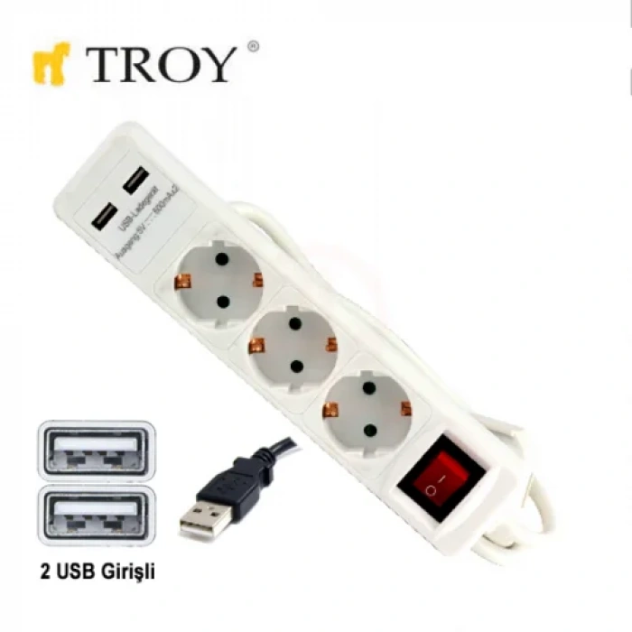 Troy 24023 USB Girişli Üçlü Grup Priz ve Uzatma Kablosu